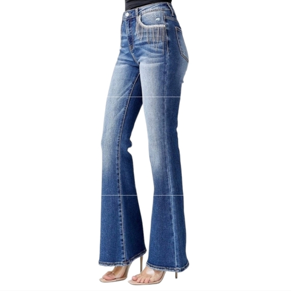 Risen Dolly High Rise Flare Jeans Rhinestones Crystals Tassels - Picture 4 of 14